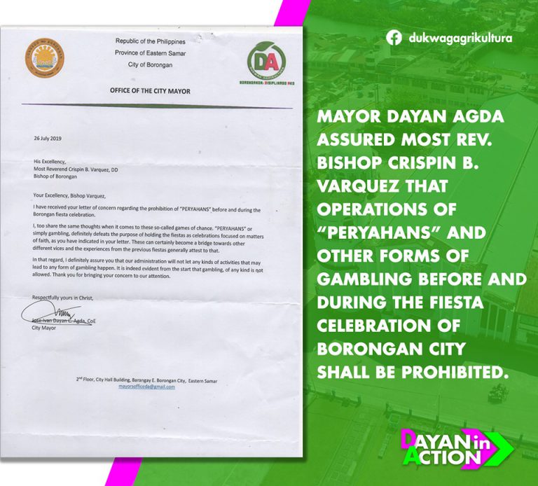 Mayor Agda prohibited gamblings before and after Borongan City fiesta