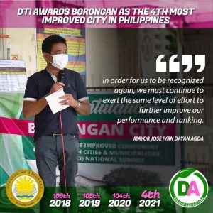 Read more about the article DTI AWARDS BORONGAN AS THE 4TH MOST IMPROVED CITY IN THE PHILIPPINES